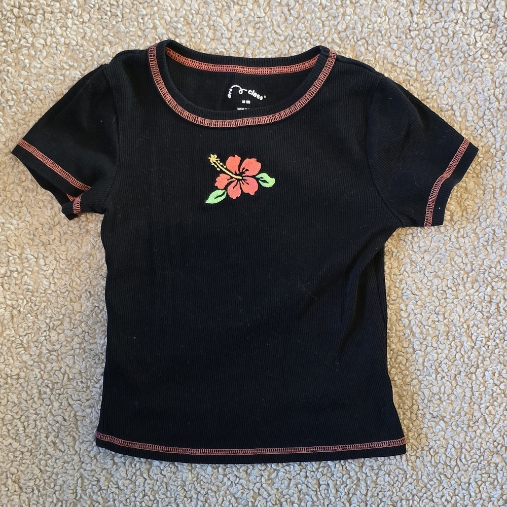 art class Black Tee with Red and Green Flower